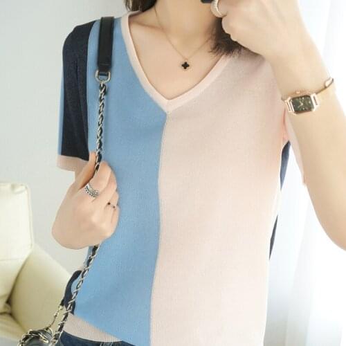 Knitted color matching short-sleeved womens 21 summer new style cotton and linen loose ice silk half-sleeved T-shirt thin top