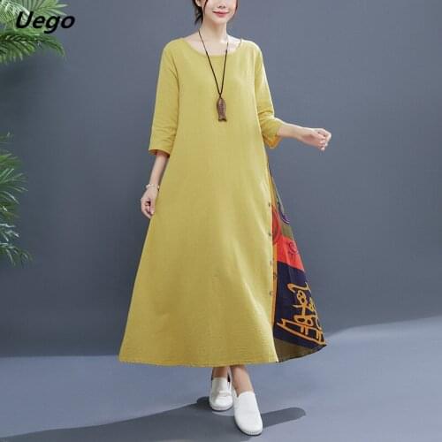 Uego M-5XL 2021 Hot Linen Cotton Spring Summer Dress Patchwork Print Vintage Dress Women Casual Loose Autumn Dress