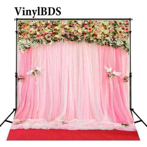 VinylBDS Wedding Photography Backdrops Pink Curtain Flower Background Red Carpet Floor Background for Photocall Wedding