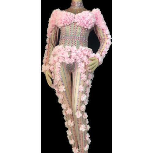 Bright Rhinestones Pink Flowers Jumpsuit Female Birthday Celebration Outfit Women Singer Stage Costume Sexy Nightclub Clothing
