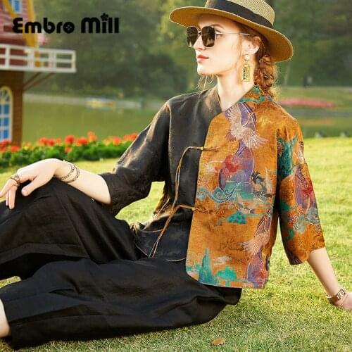 Retro Buttons Chinese Style Shirt Women New Spring And Summer Loose Three-Quarter Sleeve Silk Print Top Jacket S-XL