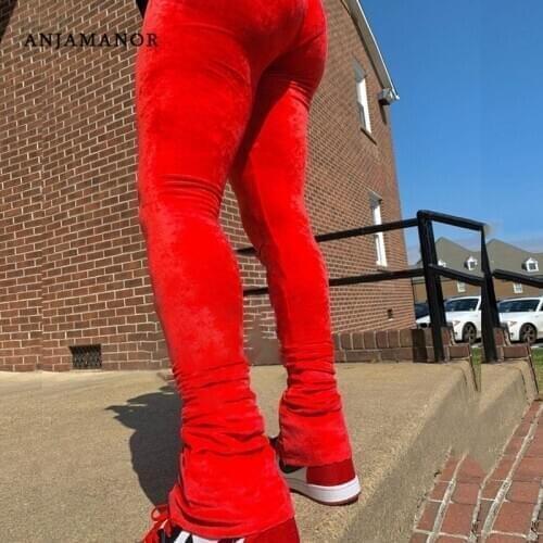 ANJAMANOR Solid Velvet Ruched Stacked Sweatpants Streetwear Women Jogger Winter Sexy High Waist Pants Leggings D13-CB30