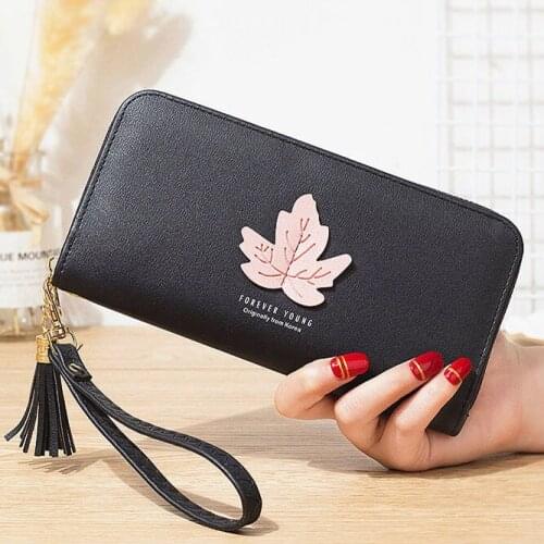 Women Leaf Wallets Zipper Coin Purse Cards ID Holder Long Woman Wallet Wristlet Money Bags Pocket Lady Purses Tassels Handbags