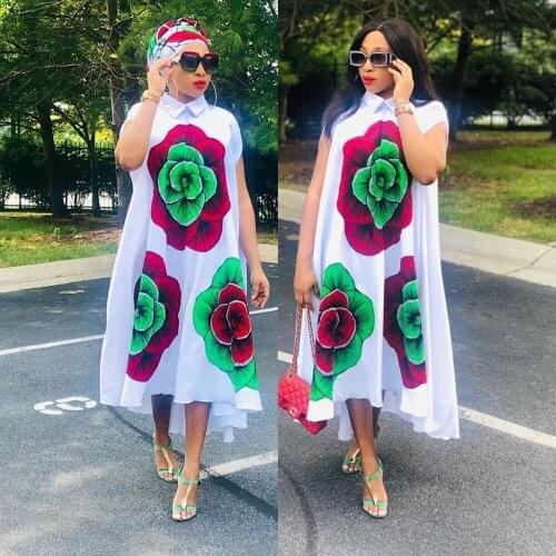 Elegant Maxi Dresses For Women 2021 African Short Sleeve Turn-down Collar Mama Vestidos Three Flowers Print Zipper Dress Casual