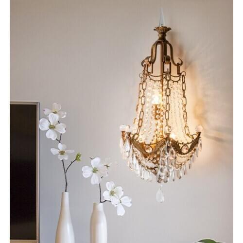 American country wall lamp living room crystal wrought iron creative crown retro old copper villa cafe long wall lamp