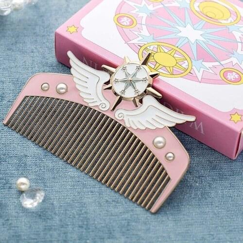 Anime pink moon Comb Cosplay Card Captor Sakura Pink Women Cartoon Metal Cosmetic Makeup Combs Action Figure Magic Wand Brush
