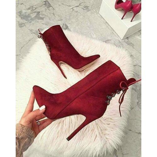 Wine Red Pointed Toe High Heel Boots Woman Sexy Back Lac-up Thin Heels Ankle Boots Super High Dress Shoes