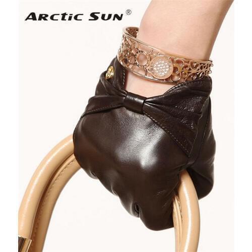 Brand Genuine Leather Gloves High Quality Women Sheepskin Gloves Fashion Trend Bow-Knot Finger Driving Glove EL025NN
