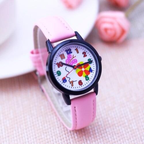New Kids Watches Set Students Children Pink Cute Flower Watch Girls Leather Strap Child Hours Quartz Wristwatch Girl Gift Clocks
