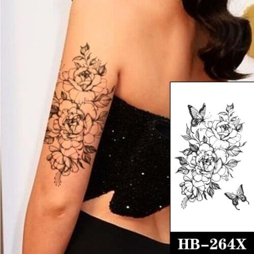Black Peony Rose Flower Women Girl Arm Tattoos Stickers Fake Waterproof Butterfly Stamen Leaves Tattoo Temporary Body Art Tatoos