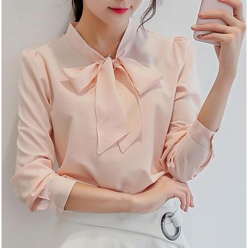 EFINNY Chiffon Blouse Shirt Women Casual Pink White Office Shirt Spring Autumn Long Sleeve Bow Neck Tops
