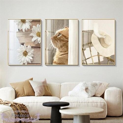 Cat Maple Leaves White Chrysanthemum Canvas Painting Beige Wall Art Print Book Cap Coffee Poster Nordic Picture Home Decor