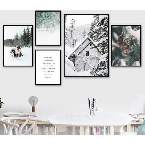 Deer Pine Forest Tree Snow Sence Winter Wall Art Canvas Painting Nordic Posters And Prints Wall Pictures For Living Room Decor