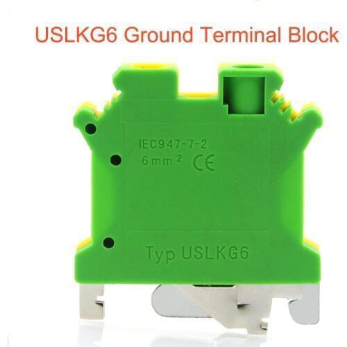 Din Rail Mount Ground Screw Terminal Block USLKG6 Bornier Electric Wire Connectors UK6N Earth morsettiera brass cable 10AWG 6mm2