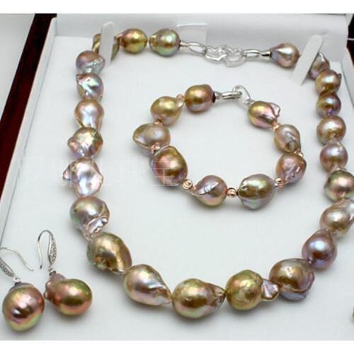 Set of 13-18 mm nature baroque pearl necklace 18inch bracelet 7.5-8 inch earring