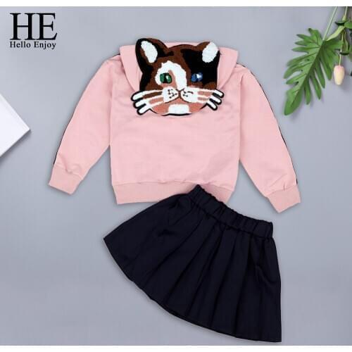 HE Hello Enjoy Kids Girls Clothes Long Sleeve Cartoon Cat Hooded Sweatshirt+Skirt Children Clothing Set New Spring Girl Costume