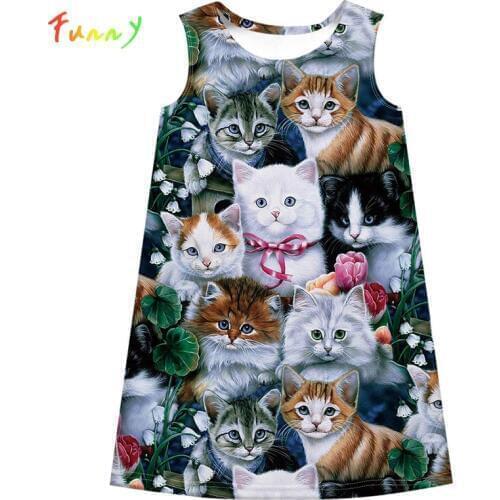 Cute Flower Cat Print Black Pink Dress for Girls Sleeveless A-Line Toddler Girl Dresses Party Princess Costume Kids Clothes