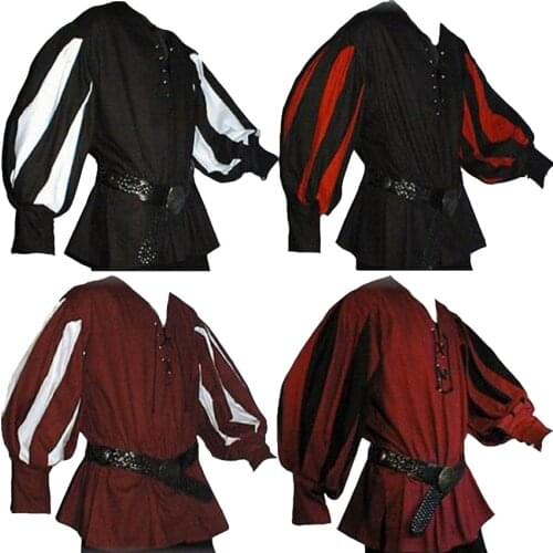 Mens Medieval Warrior Knight Tunic Shirt Belted Lansquenet Larp Pirate Costume Black Lace-Up Top Clothing For Paladin Plus Size