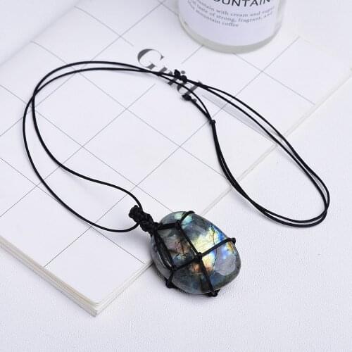 Natural crystal original stone pendant labrador feldspar Hand woven mesh Necklace Moonstone Gemstone Ornament Home Decoration