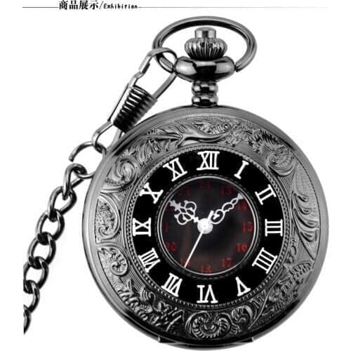 New Vintage Charm Black Fashion Roman Number Quartz Pocket Watch Steampunk Women Man Pocket Watch with Fob Chain Gifts