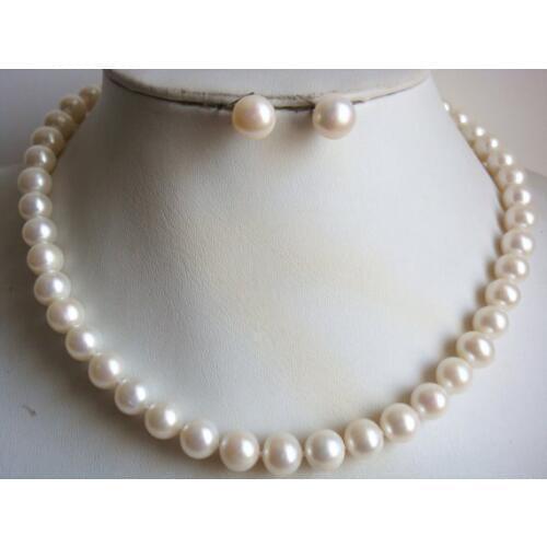 Charming Pearl Jewellery Set White Color AA 9-10MM Round Real Freshwater Pearl Necklace Earrings