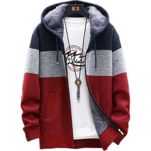2021 Autumn Korean Hooded Mens Sweaters with Thick and Velvet Mens Cardigan Knitted Sweatercoats Patchwork Jacket Male M-4XL