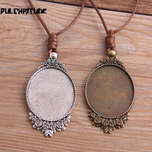 2pcs Zinc Alloy Two Color 30*40mm Oval Rose Cabochon Settings Blank Cameo Pendant Base Tray With Leather Cord For Jewelry Making
