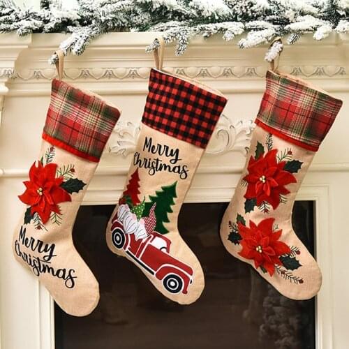 Christmas Stocking Linen Flower Creative Cartoon Car Christmas Socks Gift Bag Apple Bag Fireplace Decoration Festival Home Decor