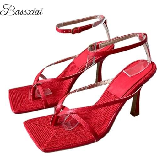 Braided Narrow Band Ankle Strap Sandals For Girls Women Sexy Thin High Heel Square Open Toe Summer Sandalias Mujer