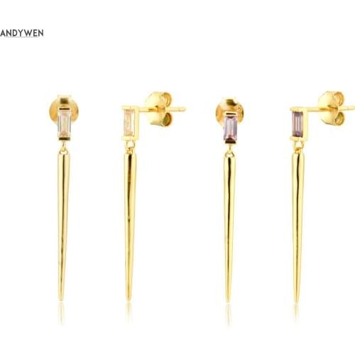 ANDYWEN 925 Sterling Silver Clear Purple Zircon Drop Earring Piercing Long Slim Spike Pendientes Women 2020 Rock Punk Jewelry
