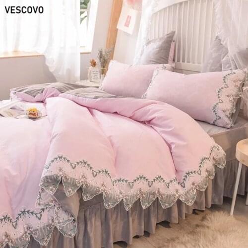 VESCOVO 100% cotton queen lace bed cover set bed linen Princess bed sheet fitted skirt sets