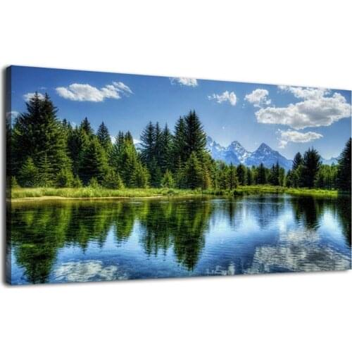 Green Pine Trees Beside Blue Lake Panoramic Snow Mountain Scenery Painting Canvas Wall Are Decor Drop shipping