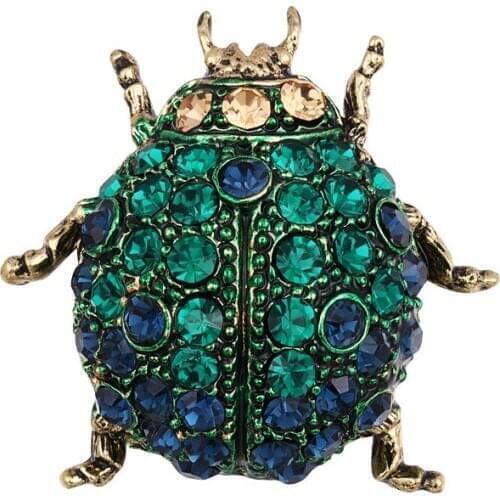 Green Crystal Ladybug Insect Brooches for Women Rhinestone Animal Brooch Pins Girls Suit Shirt Shawl Accessories Pendant Broche