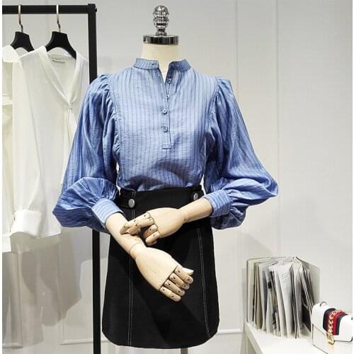 Womens Spring Summer Runway Fashion Blue Stripe Shirt Female Casual Loose Office Lady Basic Blouse Tees Tops TB1699