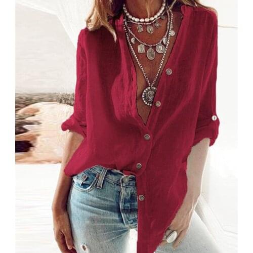 Spring Autumn Hot Casual Top White Shirt Button V-Neck Long-Sleeve Cardigan Solid Color Loose Blouse for Women Fashion Pull-Over