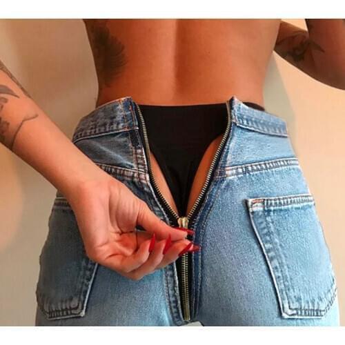 Womens Denim Zip Open Back Distressed High Waist Skinny Jeans Trousers Pants