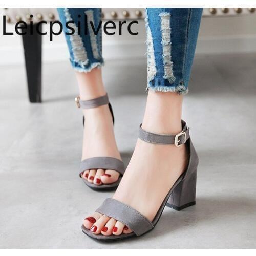 Womens Sandals summer new style fashion Flock Solid Open toe Buckle Thick heel mid heel Womens shoes plus size 32-43