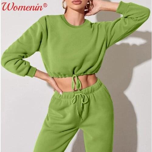 Green Long Sleeve Womens Tracksuit Suit Trousers 2021 Autumn O-neck Loose Lace Up Sportpants Sets Female Casual Sport Suits