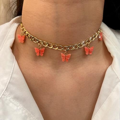 Flatfoosie Gold Silver Color Wide Metal Choker Necklace Girls Resin Butterfly Pendant Necklace New Fashion Wedding Party Jewelry