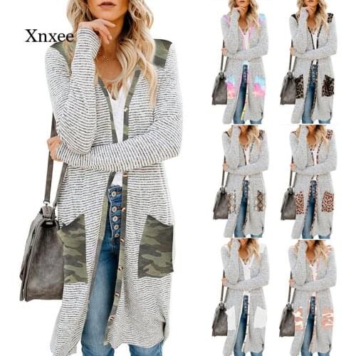 Women Long Sleeve Coat Casual Open Front Knit Cardigan Leopard Camouflage Pocket Mid-Length Sweater Overcoat Patchwork Clothing