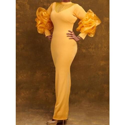 Women Dresses Patchwork Mesh Long Lantern Sleeve Bodycon Celebrate Birthday New Vestidos Event Occasion Dinner Party Robes 2021