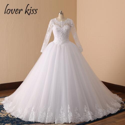 Lover Kiss Vestido De Noiva Long Sleeve Wedding Dresses Muslim Pearls Bridal Gown Bride Plus Size Lace Wedding Gowns Religion