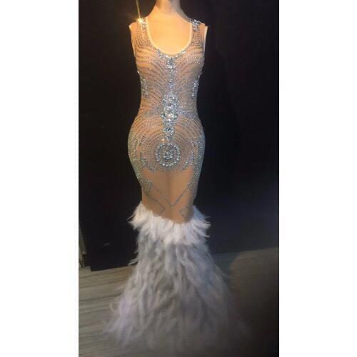 Sparkly Crystals Mesh Feather Dress Womens Evening Party Wear Luxurious Dress Prom Birthday Celebrate Female Singer Dresses