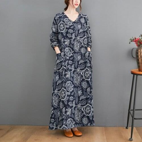 2021 New Arrival Print Floral Vintage Chinese Style Autumn Dress Cotton Linen Long Sleeve Spring Dress Women Casual Dress Robes