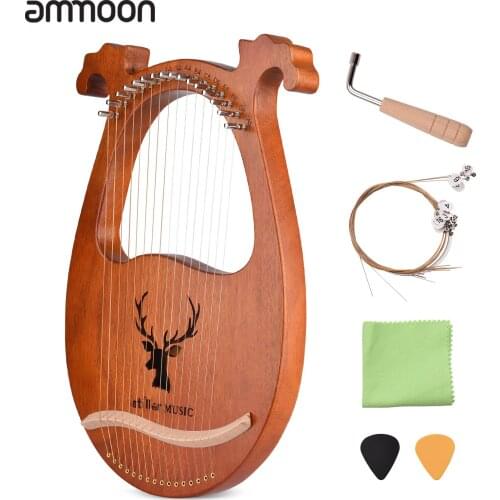 Ammoon 16 String Lyre Harp Solid Wood String Instrument with Elk Pattern Tuning Hammer Strings Cleaning Cloth Picks for Beginner