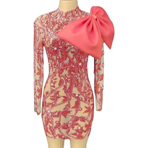 Sparkling Rhinestones Printing Above Knee Mini Dress Bow Decoration Long Sleeve Ladies Dance Costume Womens Party Clothing