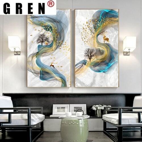 GREN Abstract Golden Deer Pictures Canvas Impressionist Painting Posters And Prints Modern Wall Art For Living Room Home Decor