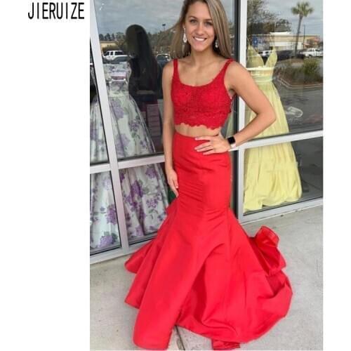 JIERUIZE Red Lace Mermaid Evening Dresses Spaghetti Strap Backless With Bow Two Pieces Formal Prom Dresses vestidos de fiesta