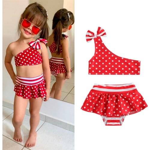 Girl’s Polka Dot Swimsuit Set Fashion Bow One-Shoulder Sleeveless Top and Skirt Bikini suit Stitching Swim Shorts