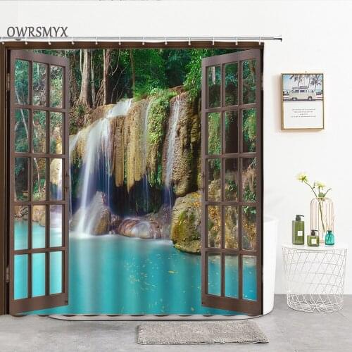 Forest Waterfall Landscape Outside The Wooden Window Shower Curtain Natural Scenery Bathroom Decor Curtain Bathroom Products